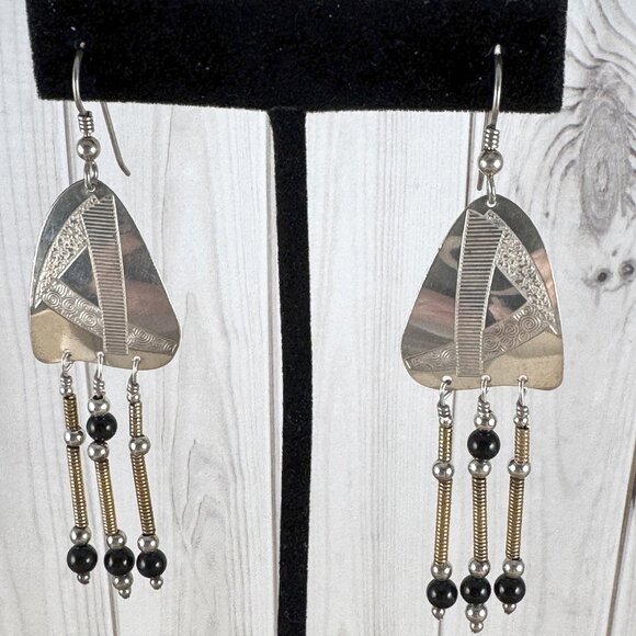 Vintage Disco Mod Earrings Sterling Silver Black Onyx with Gold Tone Coiled Wire - Picture 1 of 5